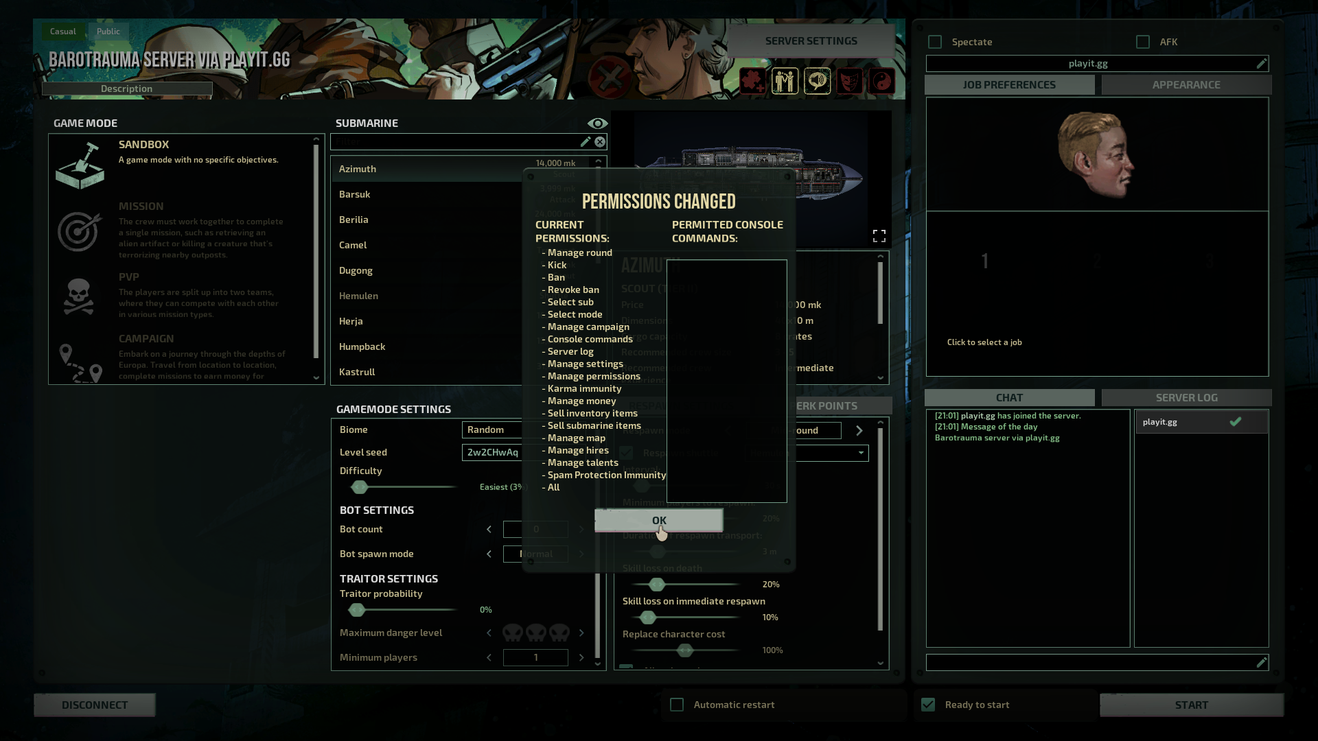 Barotrauma Game Lobby All Permissions