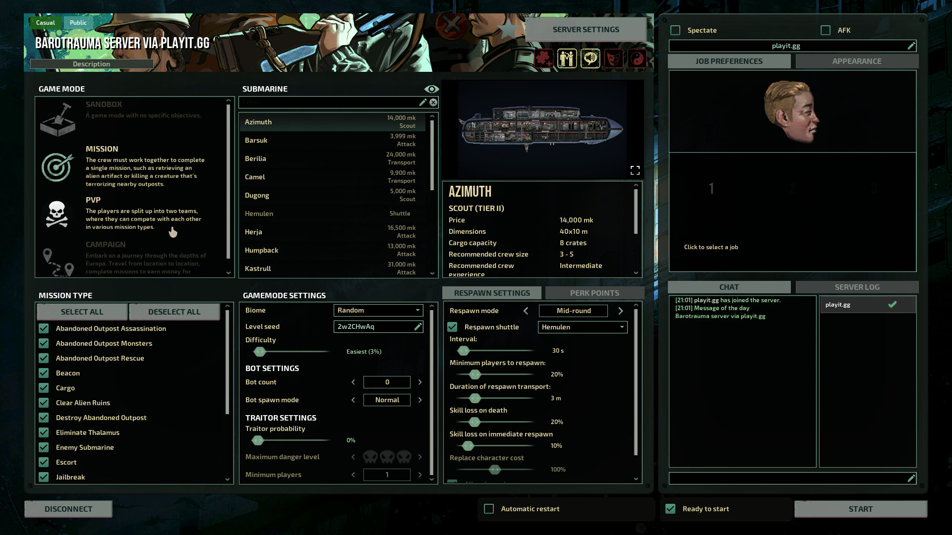 Barotrauma Game Lobby Settings