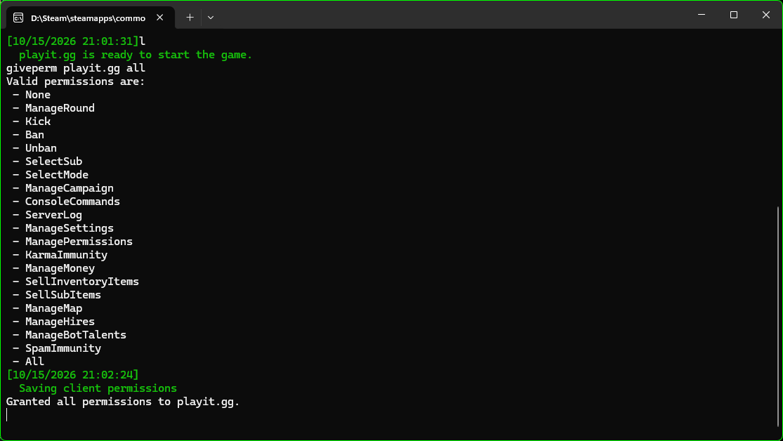 Barotrauma Game Console Grant Permissions