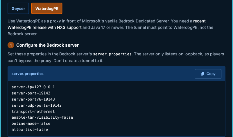 Bedrock server.properties settings in the WaterdogPE tab of Configuration help