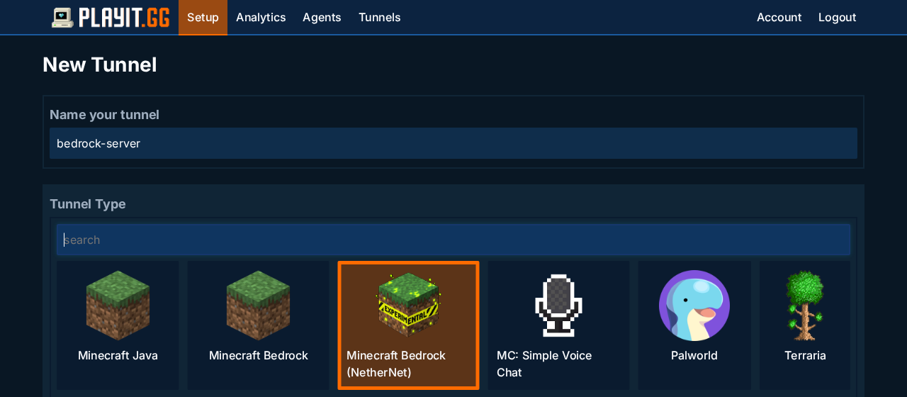 Selecting the Minecraft Bedrock (NetherNet) tunnel type