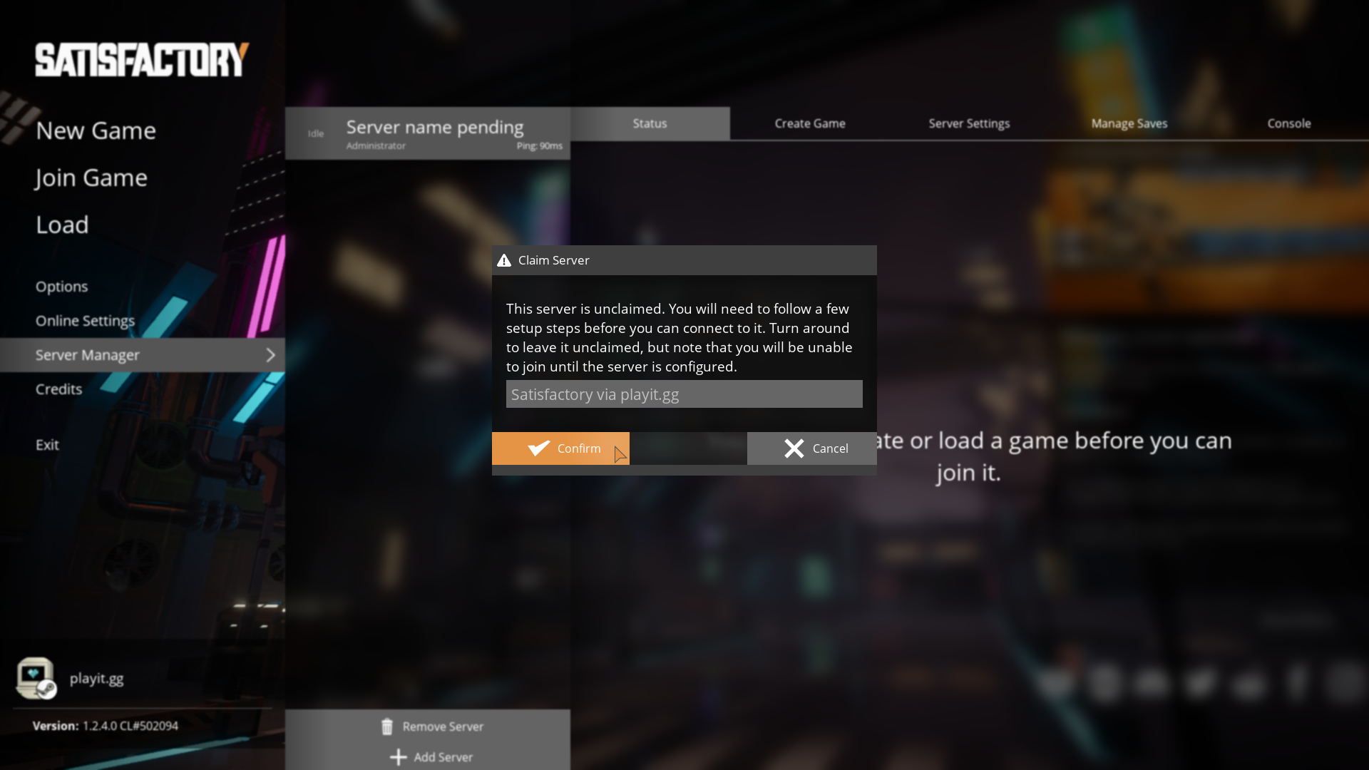 Add Satisfactory Server, Claim