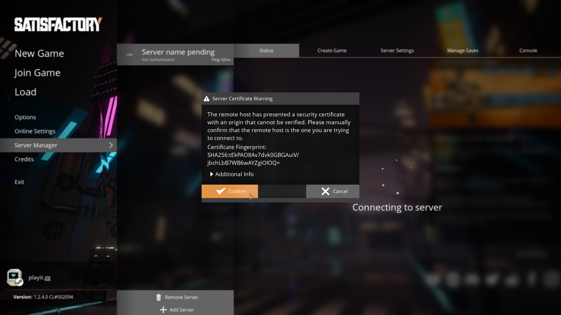 Add Satisfactory Server, Security