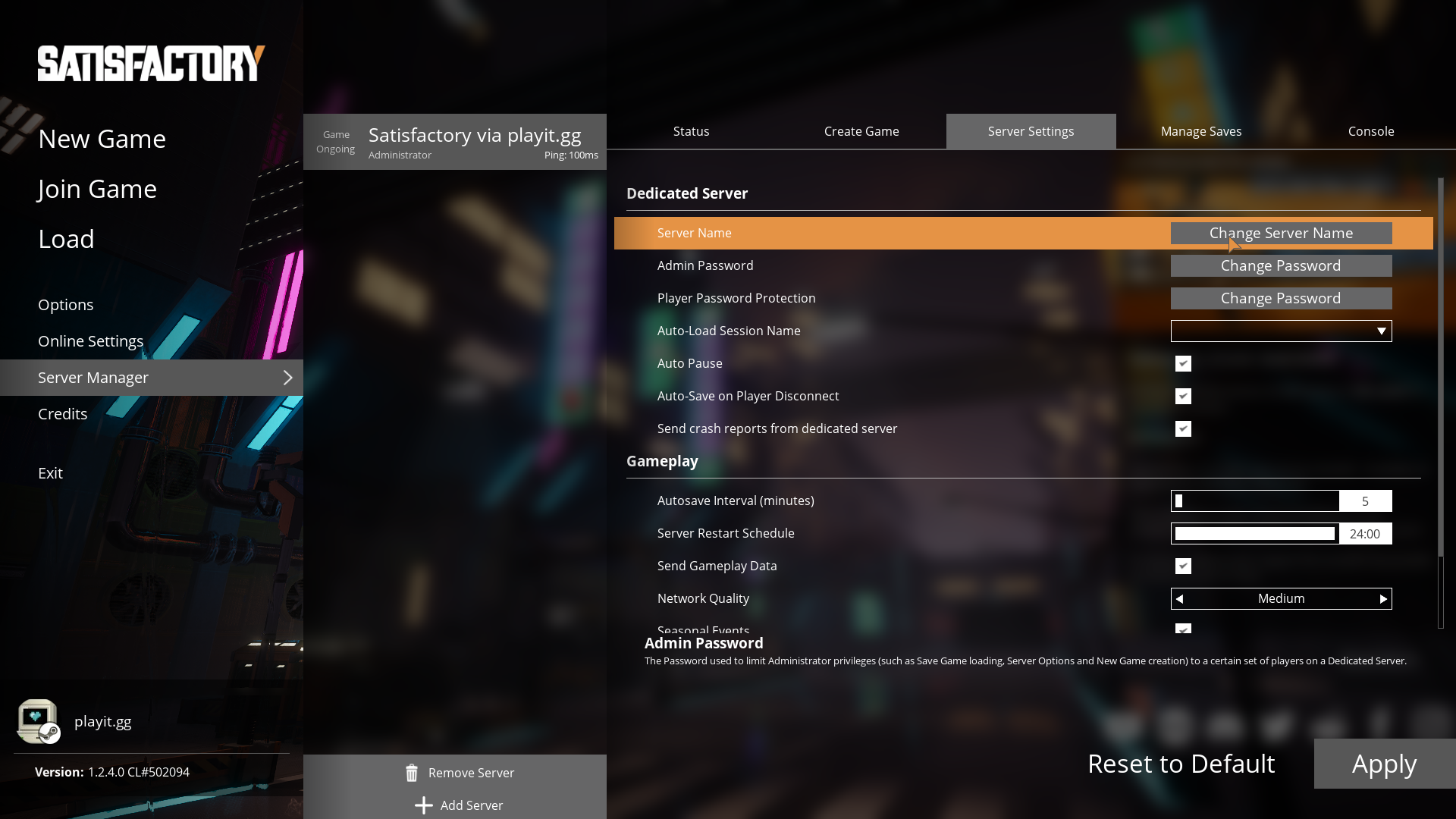 Satisfactory Server Settings