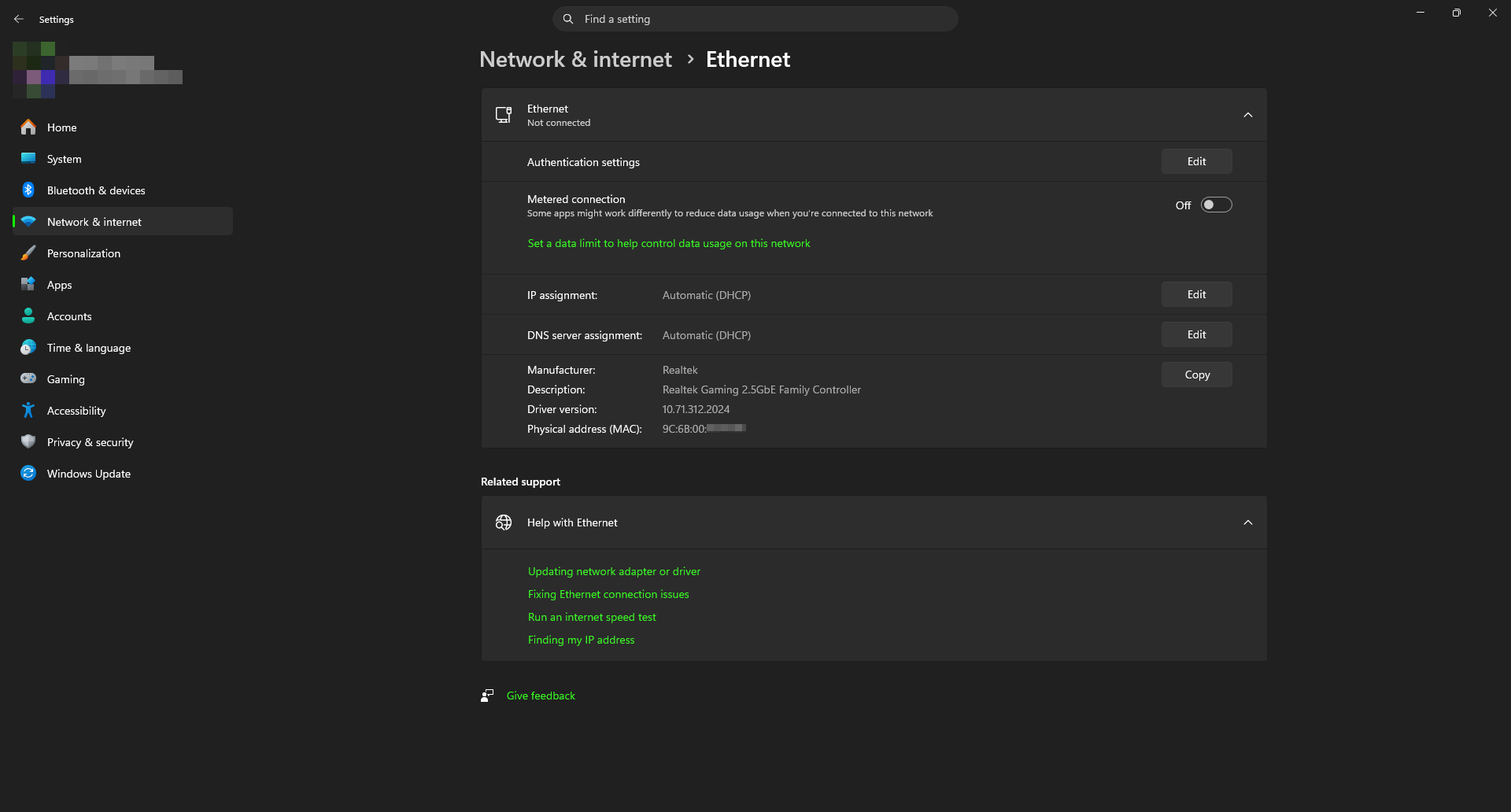Windows Settings, Ethernet